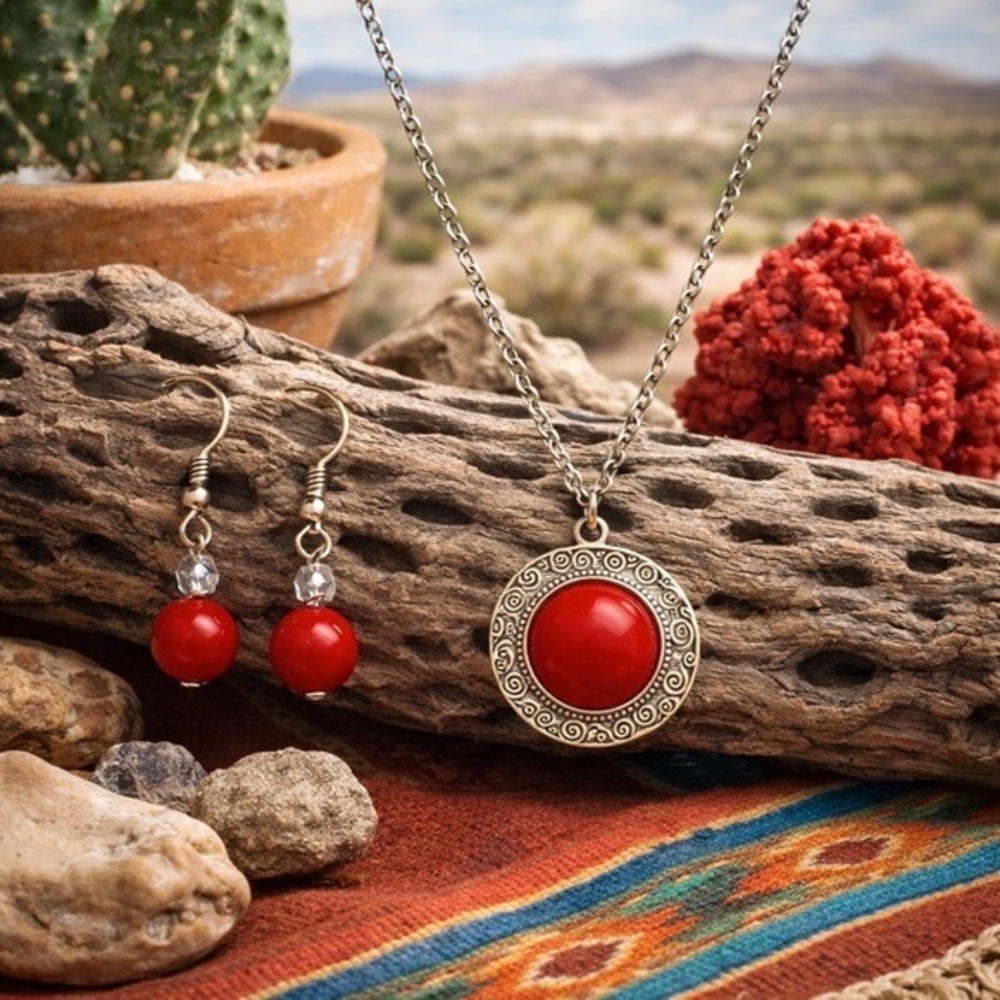 Long Silver Tone Red Statement Necklace Set. |  Pendant & Earrings NWT. #168